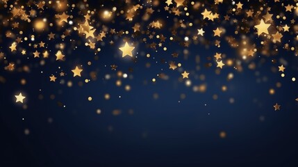 Glowing sparkling gold stars on navy blue background. Celebrate holiday confetti on Christmas New Year's Eve bokeh wallpaper.