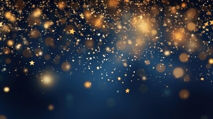 Glowing sparkling gold stars on navy blue background. Celebrate holiday confetti on Christmas New Year's Eve bokeh wallpaper.