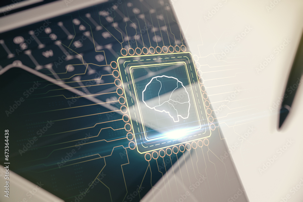 Poster Double exposure of creative human brain microcircuit with computer on background. Future technology and AI concept