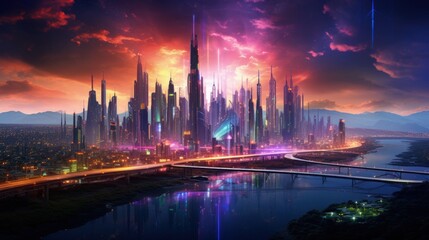Futuristic city skyline. Blade runner. Neon lights cyberpunk cityscape with flying cars. Nightime glowing lights.