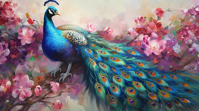 AI generated illustration of a vibrant painting of a peacock in front of a cherry blossom tree