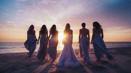 Beautiful beach bridal party. Bride, bridesmaids, and maid of honor in gowns at sunset. Wedding photos. Models by the ocean.