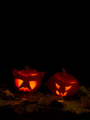 Halloween glowing pumpkin heads in the autumn leaves on black background. Light of candle spreads from eyes and mouths of pumpkins and is reflected in yellow autumn maple leaves on the ground.