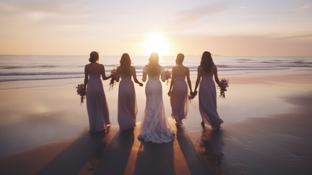 Beautiful beach bridal party. Bride, bridesmaids, and maid of honor in gowns at sunset. Wedding photos. Models by the ocean.