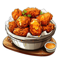 tasty crunchy crispy fried chicken in a bowl . Clipart PNG image . Transparent background . Cartoon vector style . Generative AI 