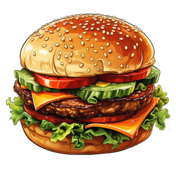 juicy tasty hamburger / cheeseburger . Clipart PNG image . Transparent background . Cartoon vector style . Generative AI 