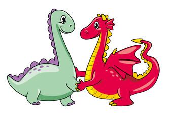 Happy cartoonish dino and dragon