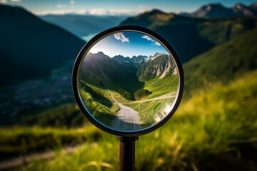 close-up of a magnifying glass in which a beautiful mountain landscape and road are visible