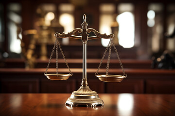 Scale of justice iconic legal symbo, close-up, blurred background - obrazy, fototapety, plakaty