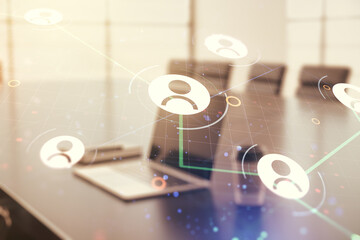 Social network concept with modern laptop on background. Multiexposure