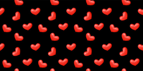 Vector romantic seamless pattern with red heart on black background. 3d style love design with red heart