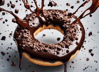 chocolate donut, dark marble background, exploding ingredients

