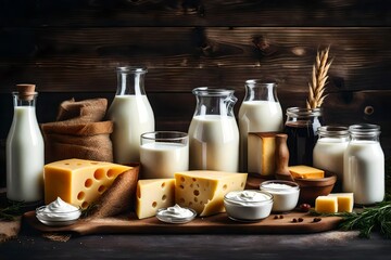 Different milk products in rustic style: cheese, milk, yogurt, cream, butter