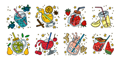 Obraz premium Beverages. Health water, cocktails and lemonades, fruit food for breakfast in glass, healthy diet, natural juice. Melon and watermelon, pear and orange with cinnamon. Vector doodle design illustration