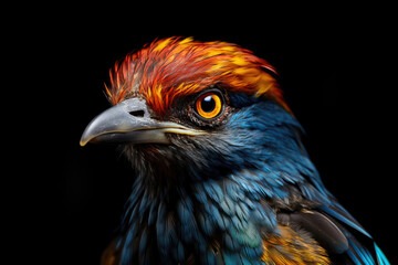 Captivating portrait of a bird of prey with fiery feathers and a sharp, penetrating gaze, set against a dark background.