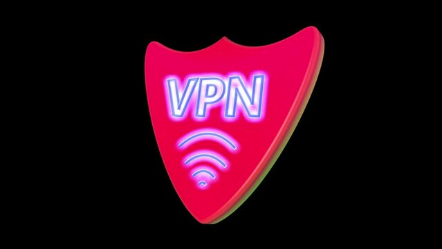 3D animation of a red VPN icon on a black background. The concept of safe Internet use and confidentiality of personal data.