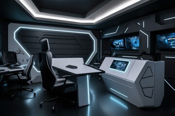 Contemporary workspace with a futuristic aesthetic. Generative AI