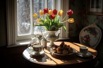 A table with tulips, fruit, teapot, and window light on a sunny day. Generative AI