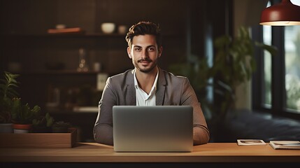 Portrait of confident businessman with laptop on desk looking at camera while working from home