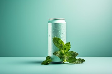 refreshing drink in a can with ice and mint. Generative AI