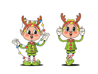 Cartoon Retro Christmas Elves Characters, Decked In Festive Garb, Sport Deer Antlers, Evoking Holiday Cheer