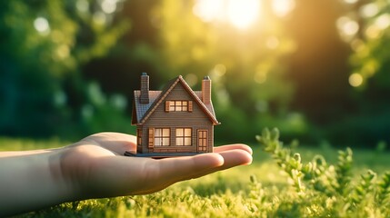 Hand shows a model house in front of a meadow. Symbol for buying or selling a house