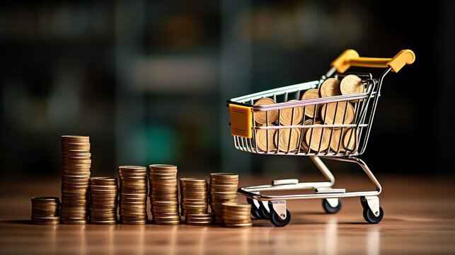 Increasing trend graph of sale volume with bigger shopping trolley cart on coins stacking for online sale business and ecommerce growth concept