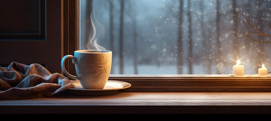 A cup of coffe on the windowsill - obrazy, fototapety, plakaty