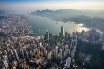 Aerial view of Hong Kong's Victoria Harbor from a high point. Generative AI