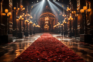 A majestic red carpet leads the way through a grand, opulently lit hall, ready for a glamorous event or ceremony. - obrazy, fototapety, plakaty