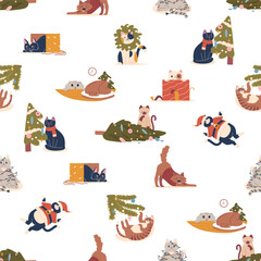 Seamless Pattern Featuring Christmas Cats, Wearing Santa Hats, And Playing With Ornaments, Vector Illustration