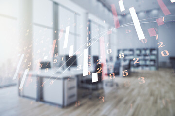 Abstract virtual financial graph hologram on a modern furnished classroom background, financial and trading concept. Multiexposure