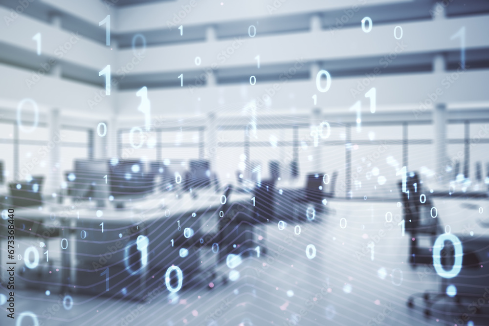 Fototapete abstract virtual binary code illustration on a modern furnished office background. big data and codi