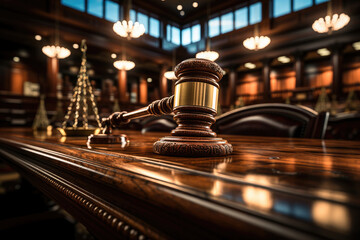 Close-up of a wooden gavel on a polished courtroom desk, symbolizing law, justice, and judicial proceedings. - obrazy, fototapety, plakaty