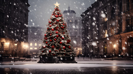 Christmas tree in the winter snow city