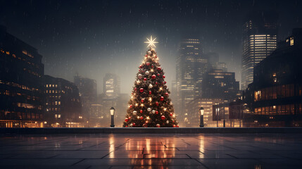 Christmas tree in the winter snow city - obrazy, fototapety, plakaty