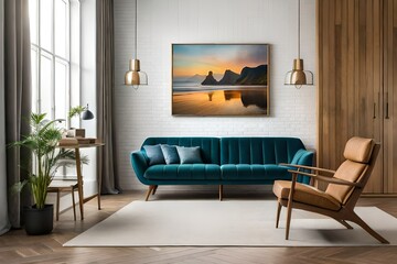 [03/11, 10:18] MÀLÏK HÃMMÄD: A living room with a design gold armchair, velvet sofa, lamp, and picture frames is stylish and attractive. mirror, plants, palm leaves, yellow macrame, and accessories on