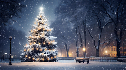 Naklejka premium Christmas tree in the winter snow city