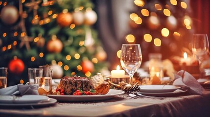 Christmas table setting. Festive table decoration with christmas tree on background.