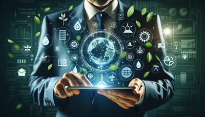 A business man with a tablet from which holographic icons related to ecology and sustainable development come out.