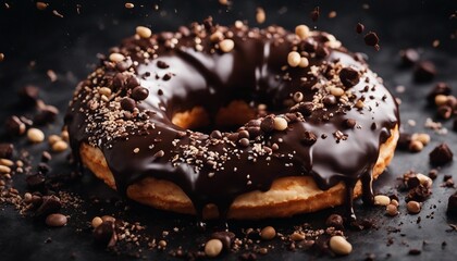 chocolate donut, dark marble background, exploding ingredients  