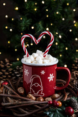 Red mug with hot chocolate and marshmallows