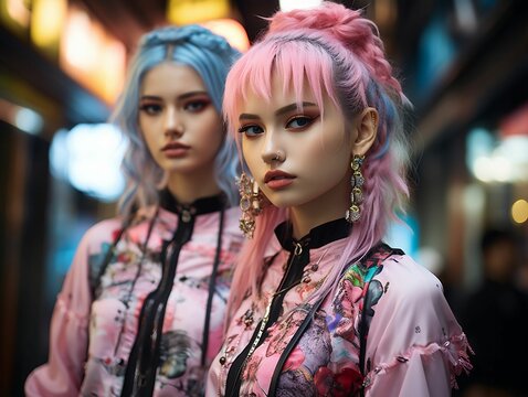 AI generated illustration of Harajuku girls in vibrant clothes in Tokyo
