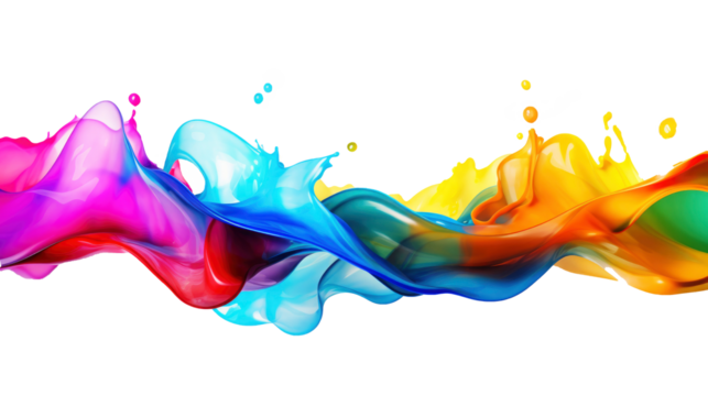 Liquid floating colorful, color splash in rainbow colors, acrylic paint isolated on transparent background, png