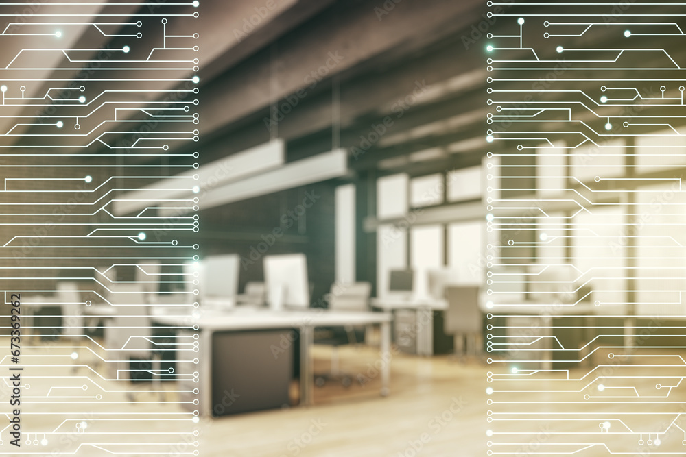 Aufkleber double exposure of abstract virtual circuit hologram on modern corporate office background. research