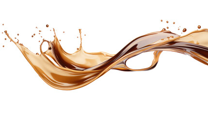Liquid floating brown coffe splash as wave or curve isolated on transparent background, PNG