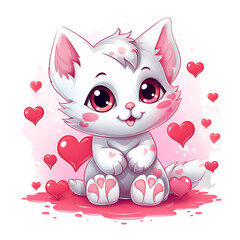 Beautiful cute kawaii kitten on white background. Valentine Kitten. 