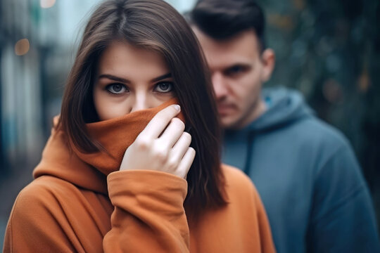 Woman with a fearful expression where a man is standing behind her