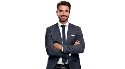 Businessman standing confident, portrait of smiling man, folded arms isolated on white background, PNG