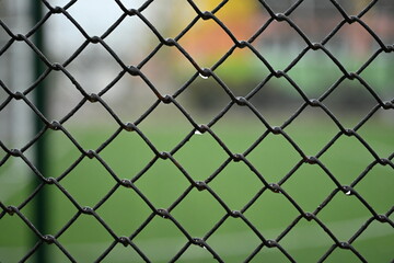 Naklejka premium green mesh fence on the background of green nature, iron fence mesh close up, blurred city, city fences concept